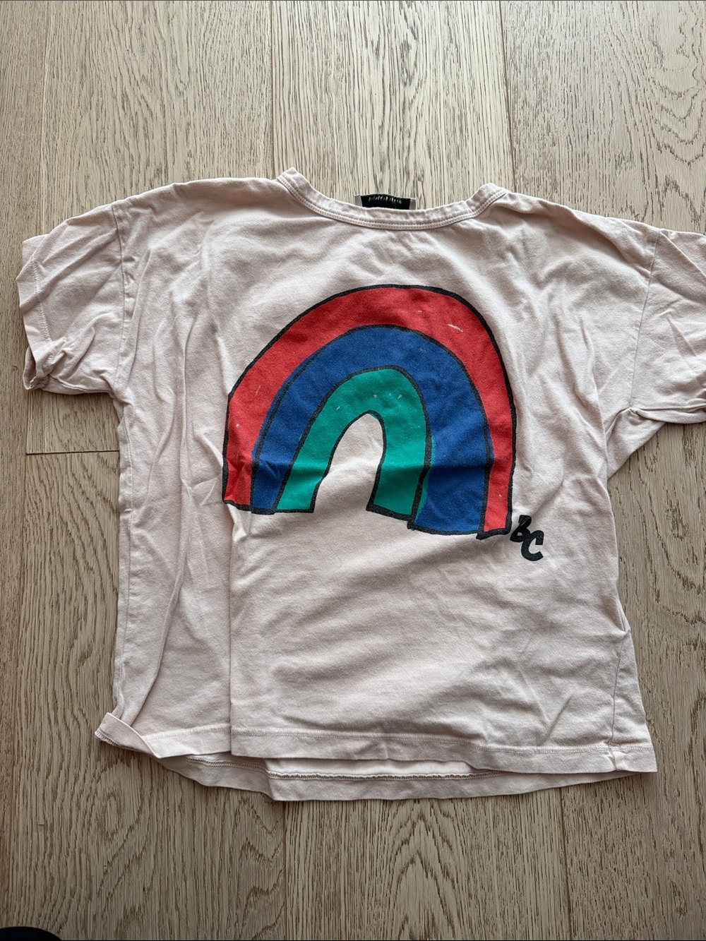 Bobo Choses Light Pink Tee with Red, Blue & Green Rainbow